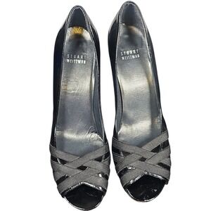 Stuart Weitzman Black Patent Leather Heels Peep Toe Pumps Strappy Size 8